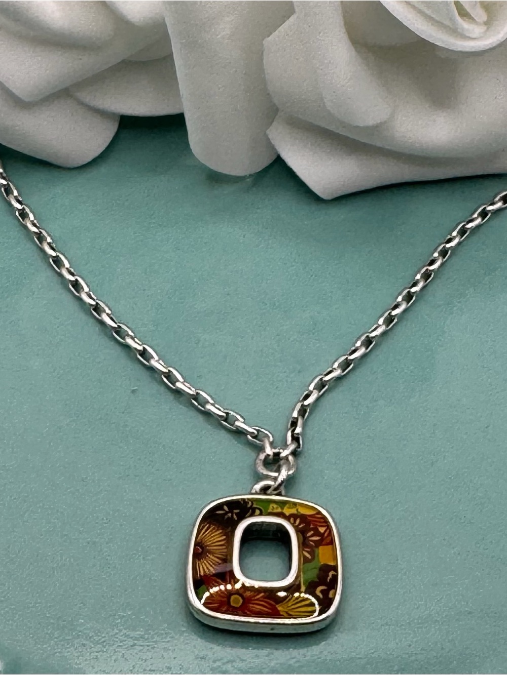 Brighton Silver Floral Enamel Square Pendant Necklace - Brown & Green